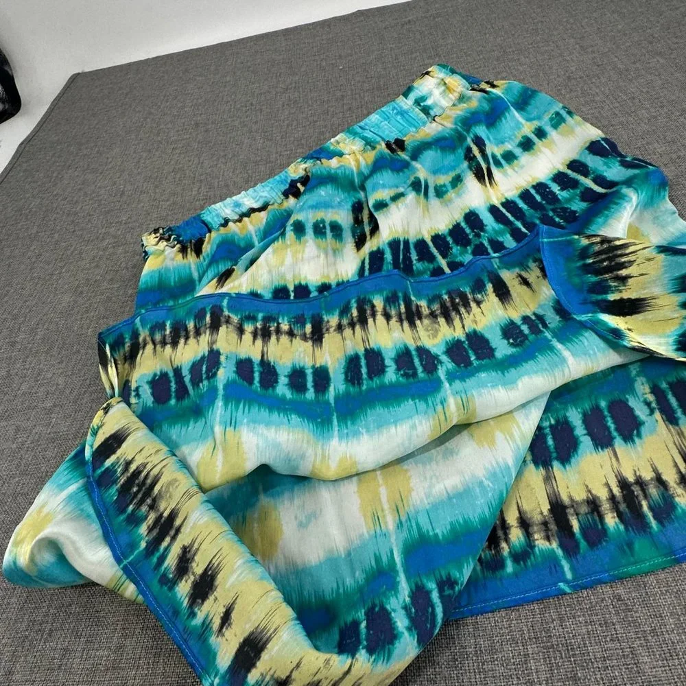 Banana Republic Silk Skirt Pullover Elastic Waist Sz 14 Yellow Blue White Pocket